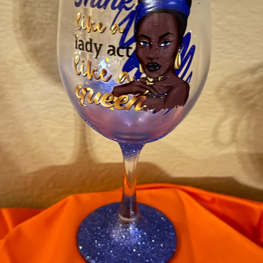 Blue Glitter Wine Glass with Queen Design